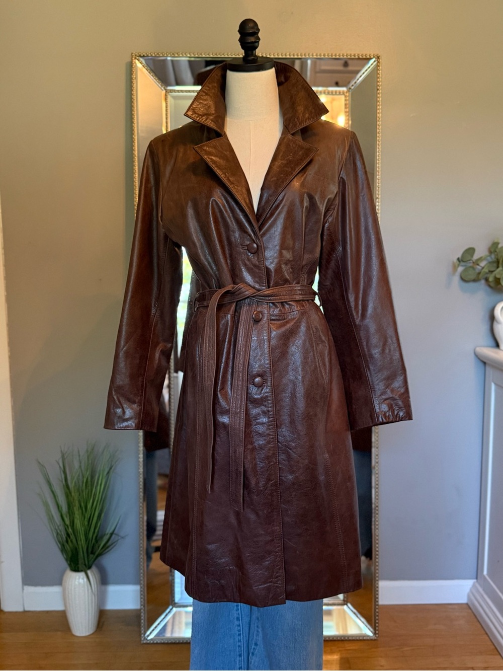 Vintage Opera Chocolate Brown Leather Longline Belted Coat Made in Argentina